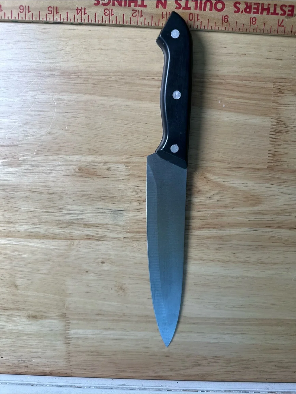 12.5” Stainless Chef Knife with Black Triple-Rivet Handle blade all thru wood